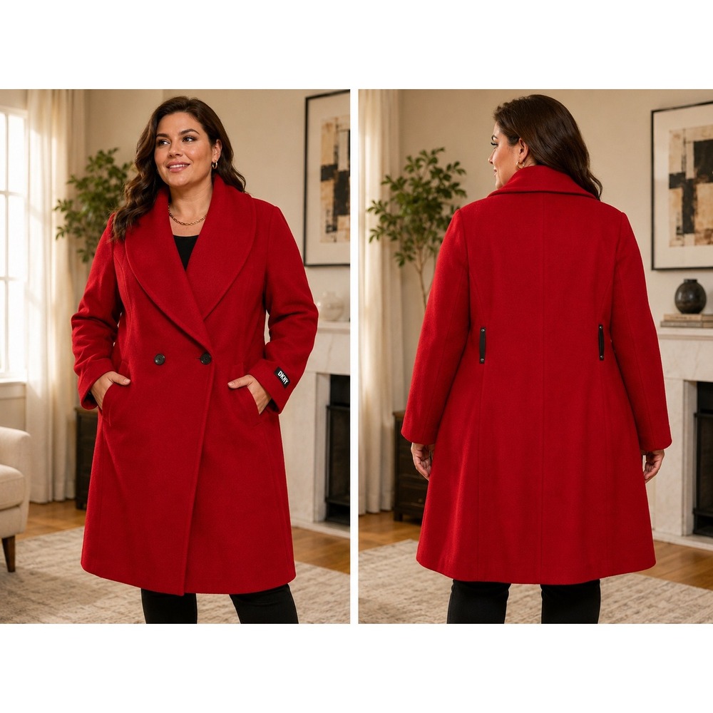 DKNY 3X Red Wool Blend Statement Coat Shawl Collar Asymmetrical Plus Size